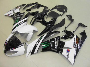 2009-2012 Kawasaki ZX6R Motorcycle Fairings - White Glossy Black Green Elf Touch4 Monster Bridgestone