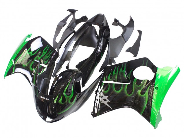 1996-2007 Honda CBR1100XX Blackbird Motorcycle Fairing - Glossy Black Green Flame