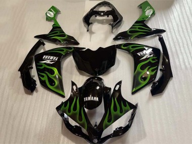 2004-2006 Yamaha YZF 1000 R1 Motorcycle Fairings - Glossy Black Green Flame White Decal