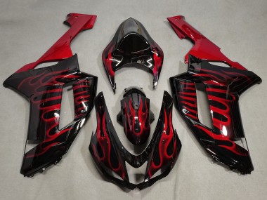 2007-2008 Kawasaki ZX6R Motorcycle Fairings - Black Red Flame