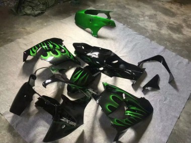 2000-2001 Glossy Black Green Flame Kawasaki ZX9R Motorcycle Fairings