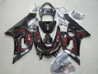 2005-2006 Black Red Flame Kawasaki ZX6R Moto Fairings