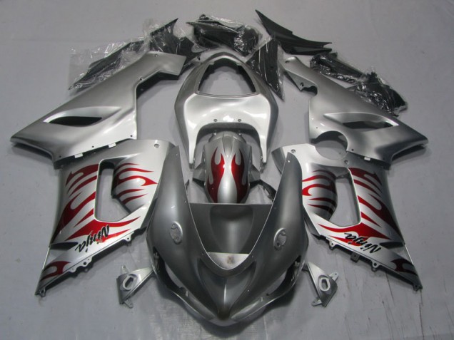2005-2006 Silver Red Flame Ninja Kawasaki ZX6R Motorcycle Replacement Fairings 2005-2006 Silver Red Flame Ninja Kawasaki ZX6R Motorcycle Replacement Fairings